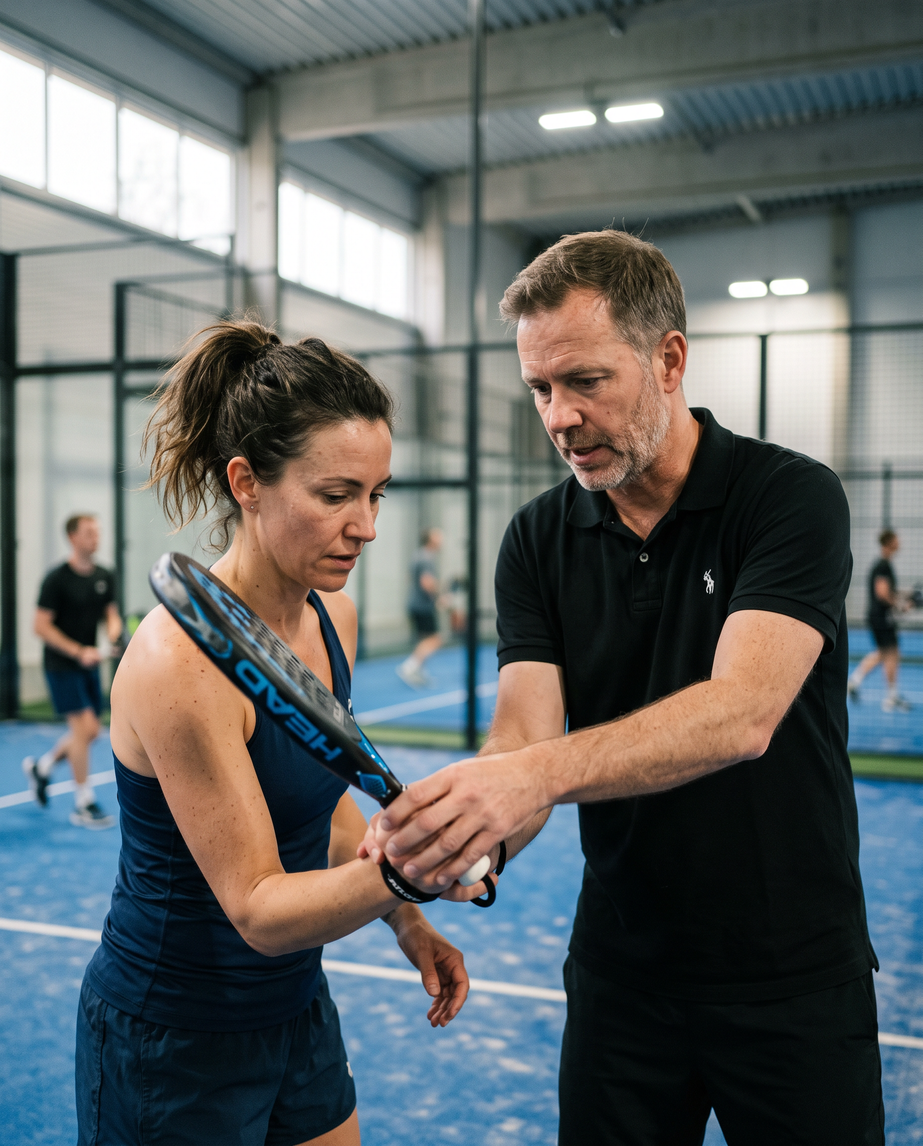 Professioneller Coach im Einzeltraining mit Spieler in der Padel-Academy Halle