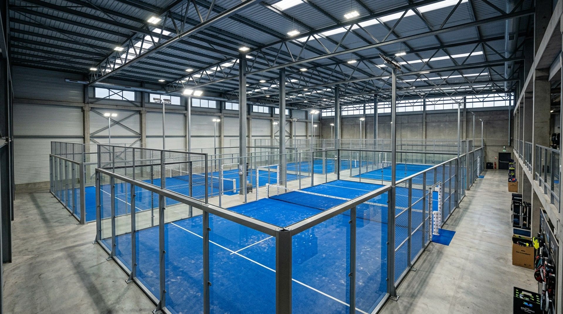 Weite Aufnahme der Padel-Anlage in Halle (Saale) mit mehreren Indoor-Courts