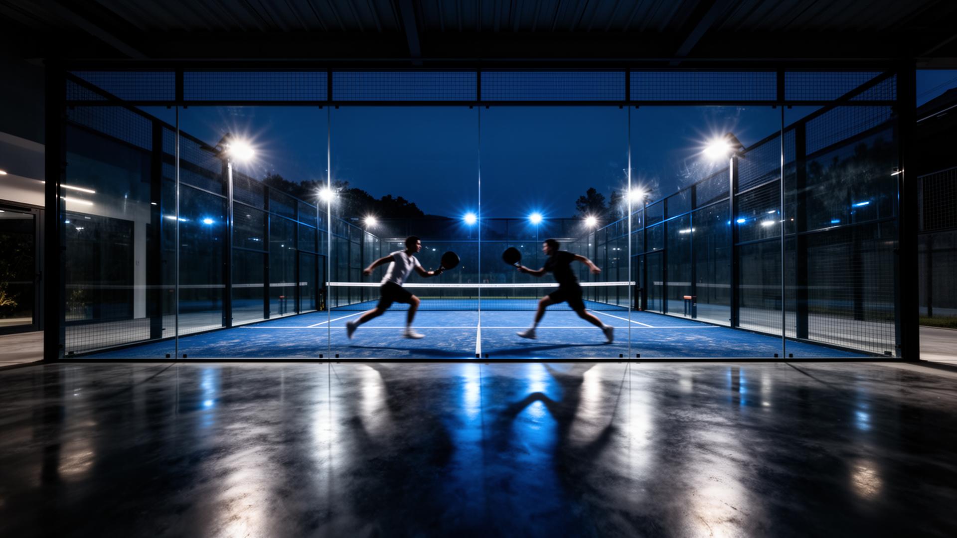 Premium Padel Court bei Nacht mit professioneller LED-Beleuchtung im Padel Club Halle